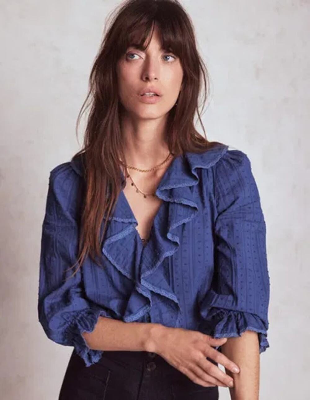 Boden Swiss Dot Puff Sleeve Ruffle Trim V-Neck Blouse Blue Women's Size US 8